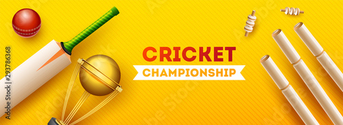 Top view of cricket equipments such as golden trophy, wicket stump, bat and ball on yellow strip background, Cricket Championship header or banner design. photo