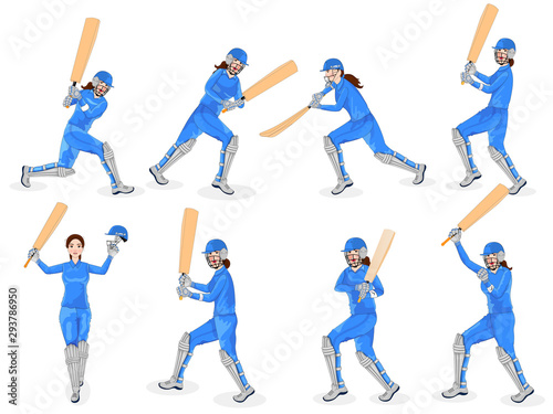 Female cricket player in different batting activity.