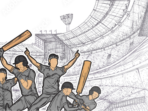 Creative hand drawn illustration of cricket players on stadium view background can be used as cricket tournament poster or banner design.