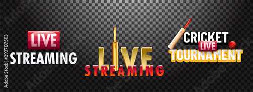Cricket tournament, live streaming typography, labels or badges illustration on transparent background.
