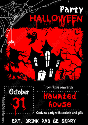 Poster, Billboard template with sample text for Halloween on black background  with red with evil tree, castle and Ghost with zombies and cobwebs