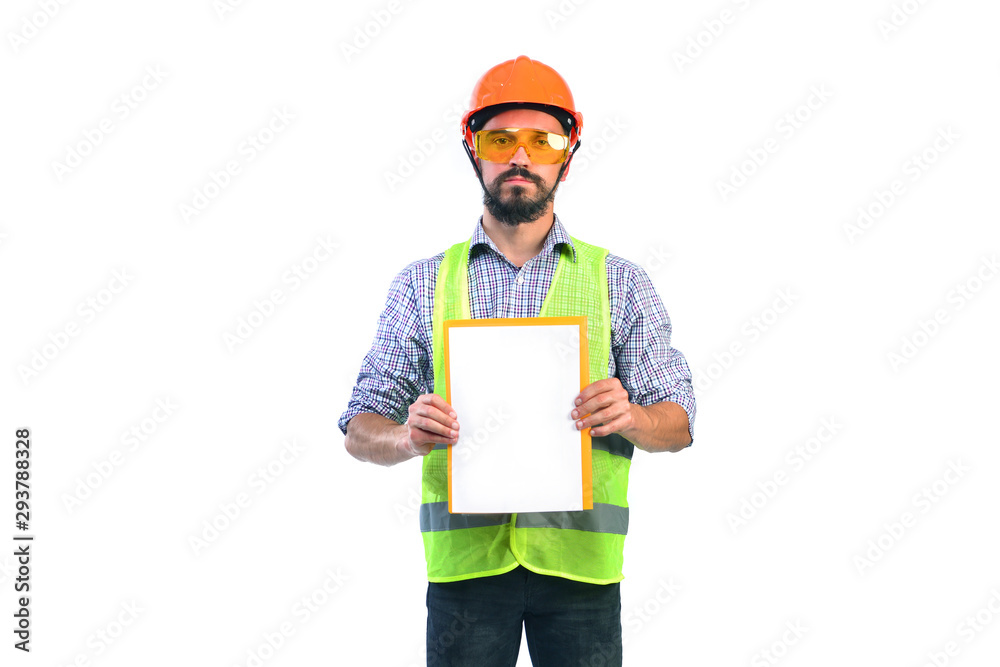 Builder template. Foreman holds an empty paper for your text or message. Builder template. Foreman holds an empty paper for your text or message.
