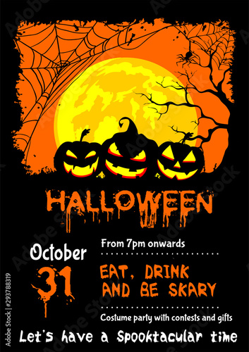 Poster, Billboard template with sample text for Halloween with three large evil pumpkins  on a yellow moon background, a spider web and a gloomy tree