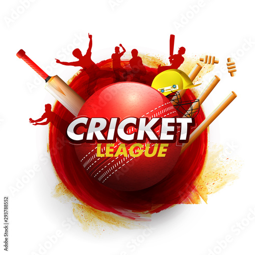 Cricket League poster or flyer design with illustration of red glossy ball and cricket equipment on white background.