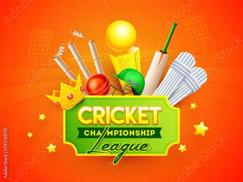 Cricket Championship League banner or poster design, illustration of cricket equipment, winning trophy and crown on orange shiny background.