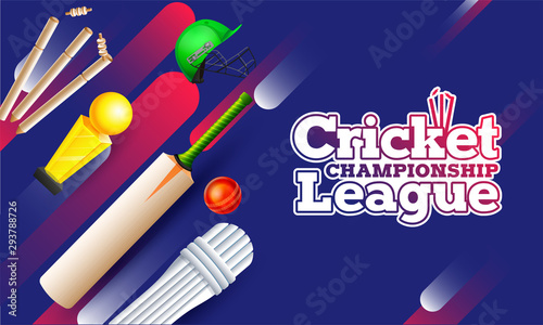 Website Header banner or poster design of Cricket Championship League with abstract cricket equipment on blue background.