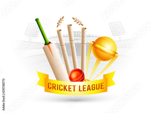 Close view of cricket equipment on stadium background for Cricket League banner or poster design.