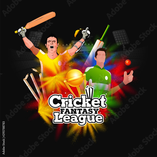 Cricket player in different pose with cricket equipment on sparkle background for World Cricket League banner or poster design.