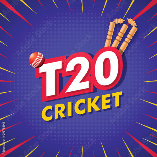 Pop Art style of T20 Cricket with illustration of  ball and stump on blue background for poster or flyer design.