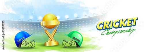 Cricket Championship  League, India vs Pakistan Cricket match header banner or poster, cricket attire helmets of respective country and winning trophy in stadium background.