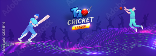 Cricket player in different pose on abstract purple background header banner or poster design for T20 Cricket League.