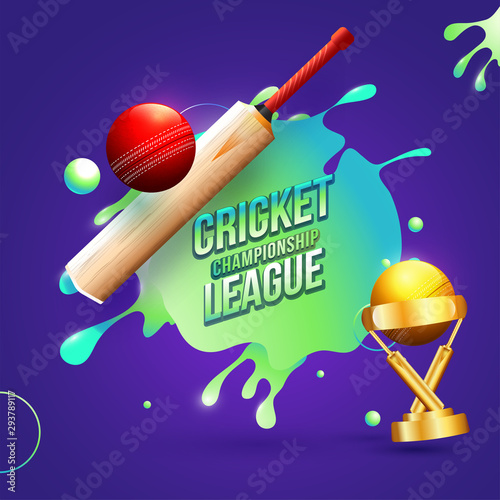 Flyer or poster design of Cricket Championship League with illustration of realistic red glossy ball, bat and stump on color splash background.