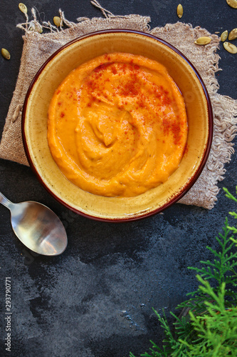 pumpkin soup (first course, delicious vegetable vitamin food) menu concept. food background. copy space. Top view