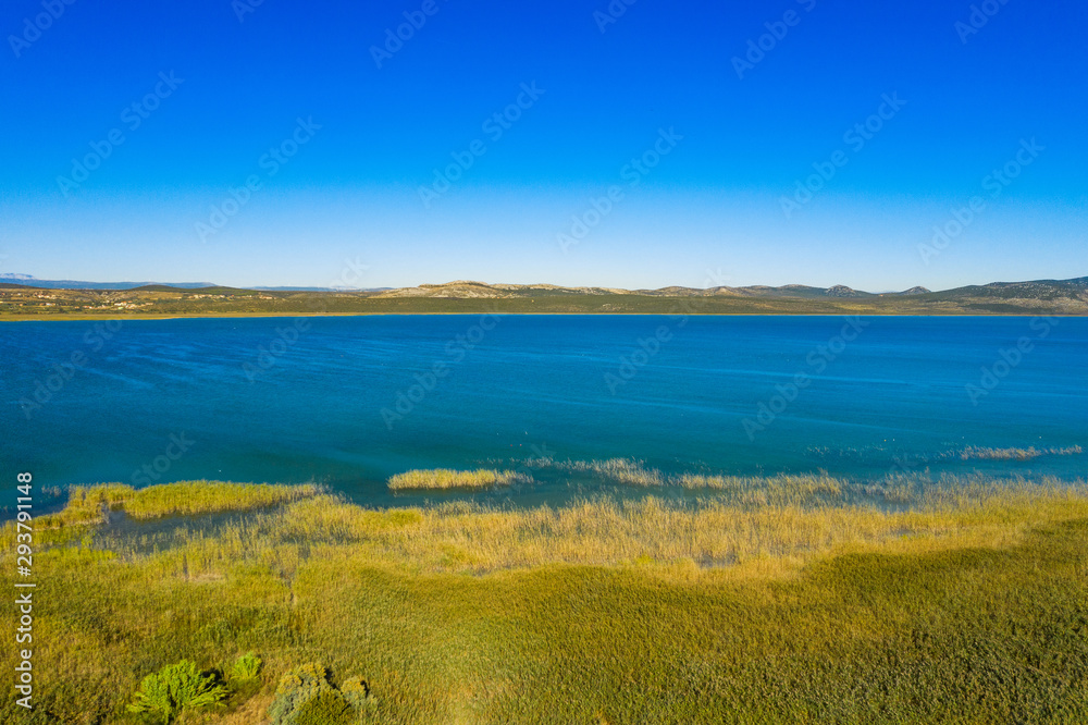 Beautiful nature park Vrana lake (Vransko jezero), Dalmatia, Croatia, aerial shot