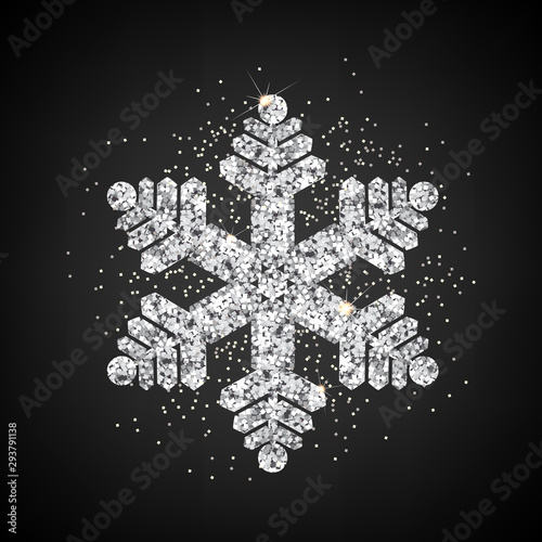 Shiny silver snowflake on a dark background with highlights, Christmas decoration, vector.