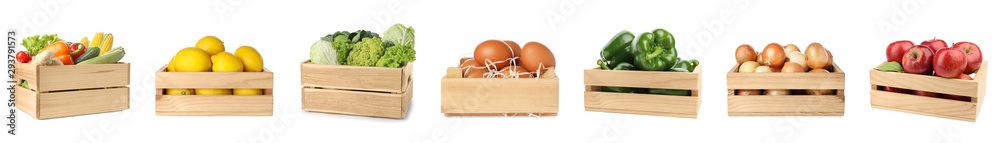 Fototapeta Set of wooden crates with fruits, vegetables and eggs on white background
