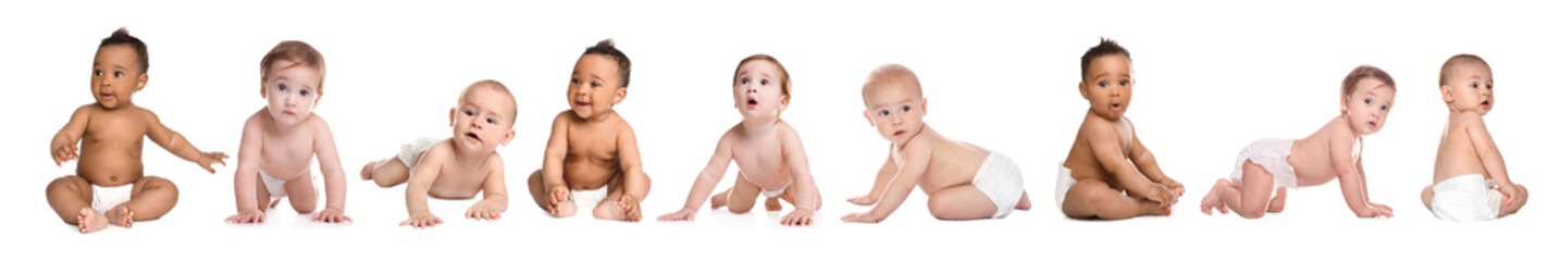 Cute little baby crawling on white background