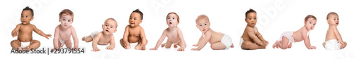 Photography Cute little baby crawling on white background