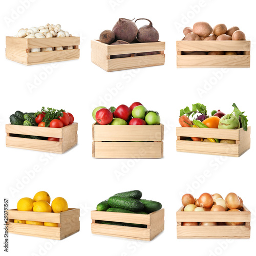 Fototapeta Naklejka Na Ścianę i Meble -  Set of wooden crates with different fruits and vegetables on white background