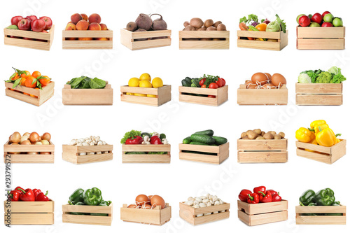 Fototapeta Naklejka Na Ścianę i Meble -  Set of wooden crates with different fruits, vegetables and eggs on white background