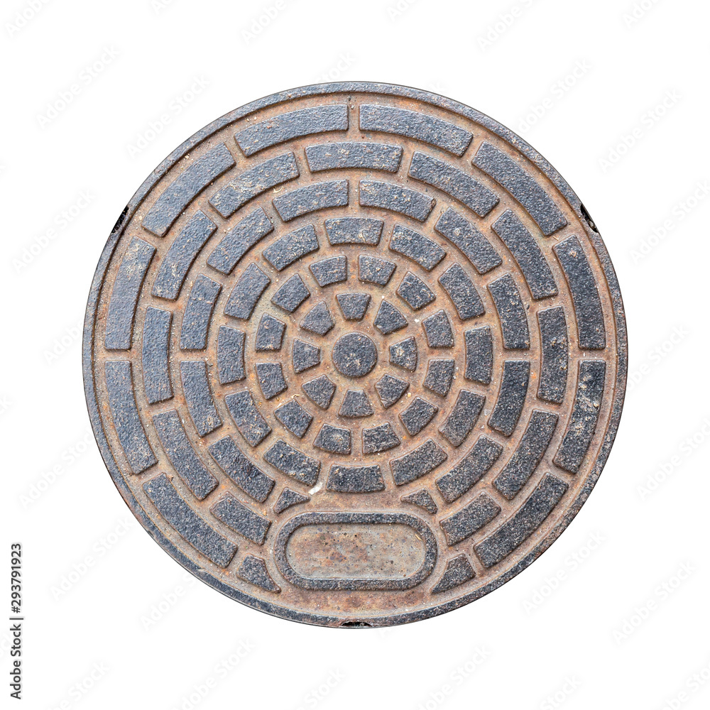 Rusty manhole cap, grunge manhole cover, round, isolated on white background with clipping path.
