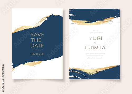 invitation cards with luxurious gold and dark blue marble background texture and abstract ocean style vector template for wedding, new year, events. photo