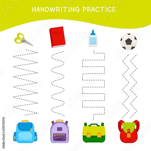 Handwriting practice sheet. Basic writing. Educational game for children. Match of stationery and backpacks.
