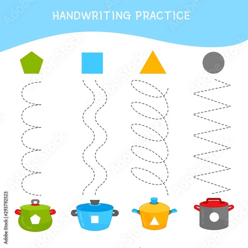Handwriting practice sheet. Basic writing. Educational game for children. Match of geometric shapes and pans.