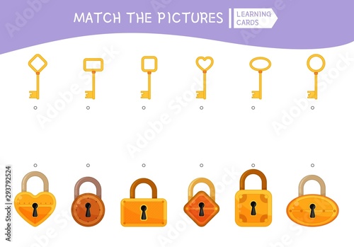 Matching children educational game. Match of keys and locks by forms. Activity for pre sсhool years kids and toddlers.