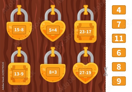 Counting educational children game, math kids activity sheet. Cartoon old golden locks.