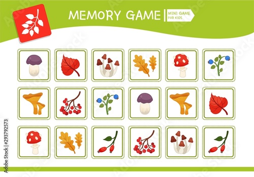 Memory game for preschool children, vector cards with  nature elements. Find two identical picture. Kids activity page for book. 