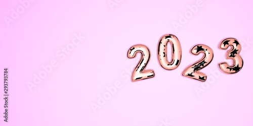 Happy New Year 2023. 3D festive illustration of pink colored glass numbers and silver stars on a pink background of numbers 2023. Realistic 3d sign. Holiday poster or banner design.