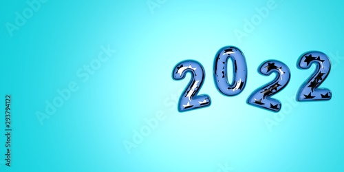 Happy New Year 2022. Festive 3D illustration of numbers of colored glass of blue and silver stars on a blue background of numbers 2022. Realistic 3d sign. Holiday poster or banner design.