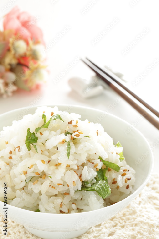 Japanese food, shirasu sardine fish and herbal shiso mixed sesame rice Japanese food, shirasu sardine fish and herbal shiso mixed sesame rice
