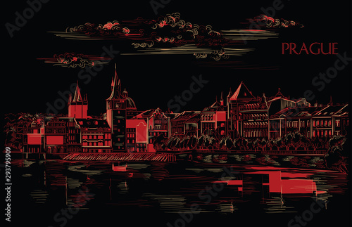 Red vector hand drawing Prague 9 2