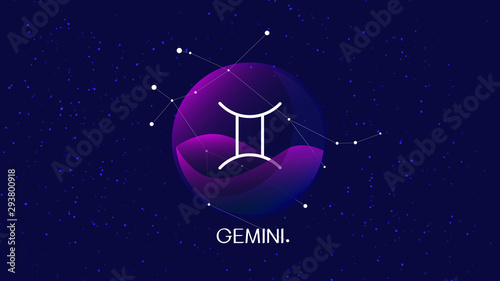 Gemini sign, zodiac background. Beautiful and simple illustration of night, starry sky with gemini zodiac constellation behind glass sphere with encapsulated gemini sign and constellation name.  photo