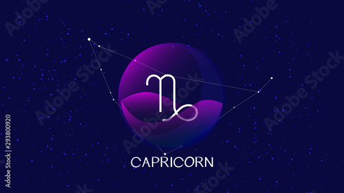 Capricorn sign background. Beautiful and simple illustration of night, starry sky with capricorn zodiac constellation behind glass sphere with encapsulated capricorn sign and constellation name. 