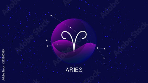 Aries sign, zodiac background. Beautiful and simple illustration of night, starry sky with aries zodiac constellation behind glass sphere with encapsulated aries sign and constellation name.  photo