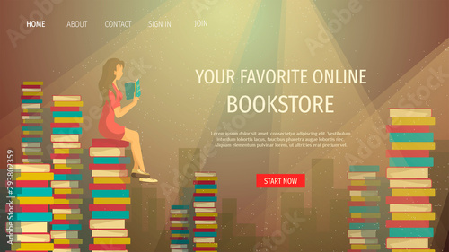 Web page design for bookstore, online library, book lovers, bibliophiles. Piles of books and Woman reading book. Vector illustration for poster, banner and website development.