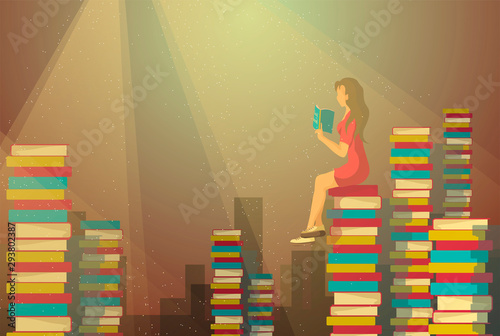 Bookstore, library, book lovers, bibliophiles concept. Piles of books and Woman reading book. Vector illustration for poster, banner, card, cover, brochure.