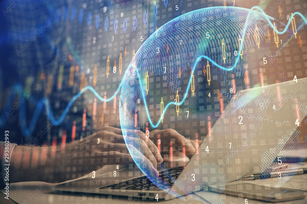 Double exposure of stock market chart with man working on computer on background. Concept of financial analysis.