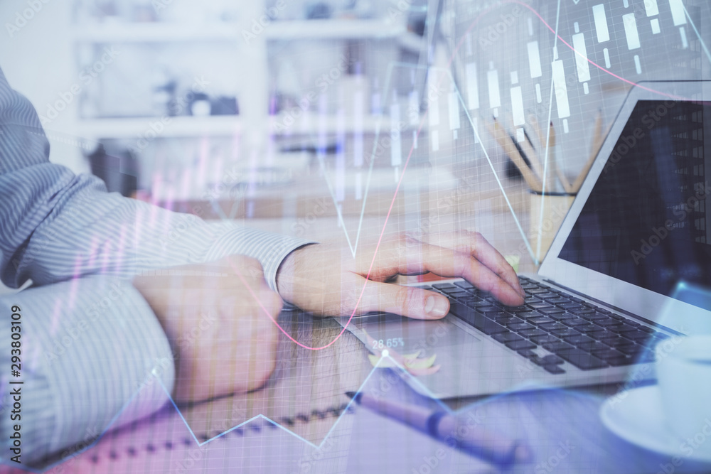 Multi exposure of stock market chart with man working on computer on background. Concept of financial analysis. Multi exposure of stock market chart with man working on computer on background. Concept of financial analysis.