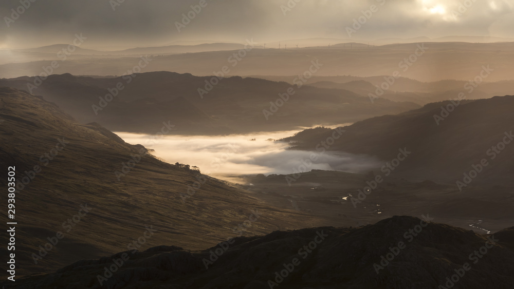 Low lying cloud inversion in a Welsh mountain valley in the UK at dawn