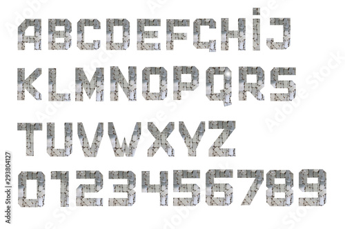 Iron letters of alphabet in an industrial style on a white background