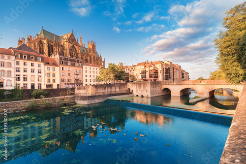 Cityscape scenic view of Saint Stephen Cathedral in Metz city at sunrise. Travel landmarks and tourist destination in France photo