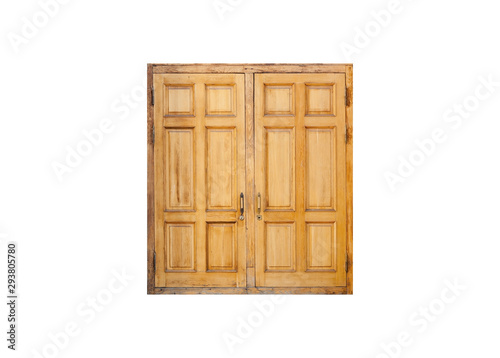 Closed old wooden double door isolated