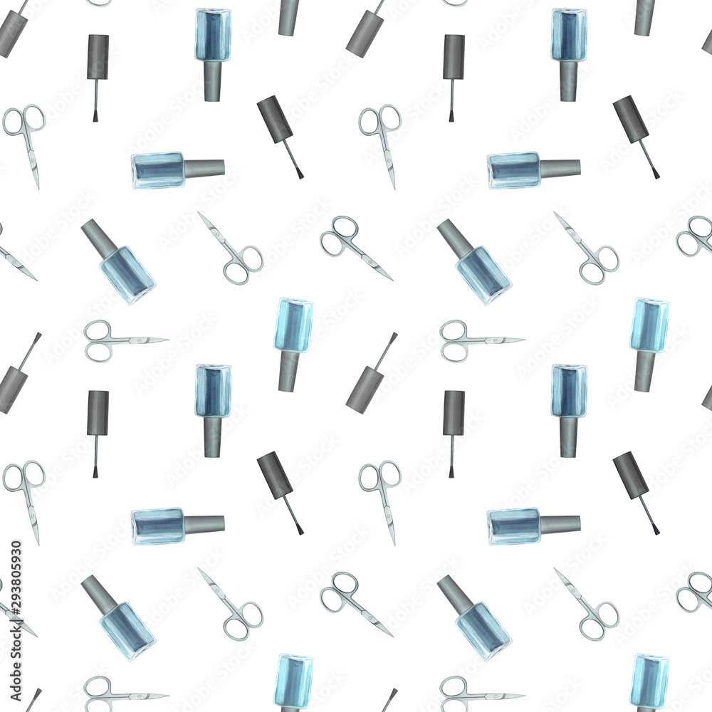 Watercolor seamless pattern with nail polish and tools. Hand drawn illustration. Watercolor seamless pattern with nail polish and tools. Hand drawn illustration.