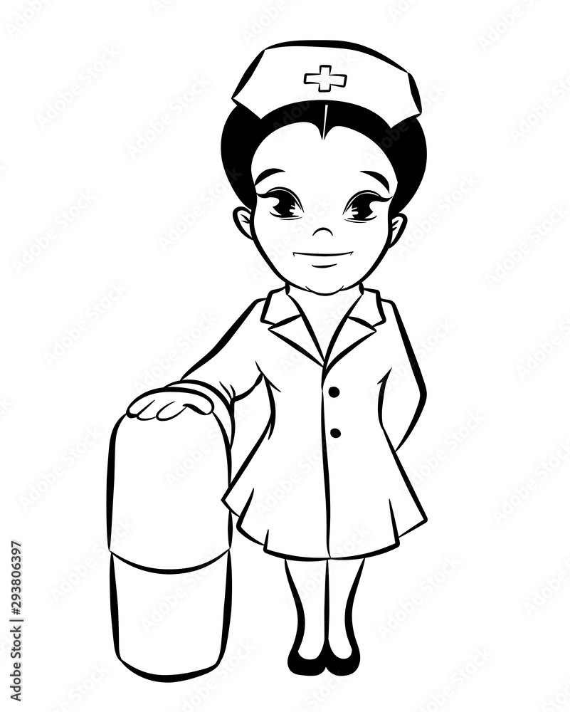 Cartoon nurse doctor in uniform holding a big pil in hand. Vector illustration in lines isolated on white	