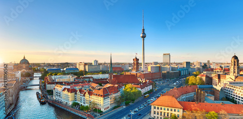 Aerial view of Eastern Berlin on a bright day in Spring including Alexanderplatz