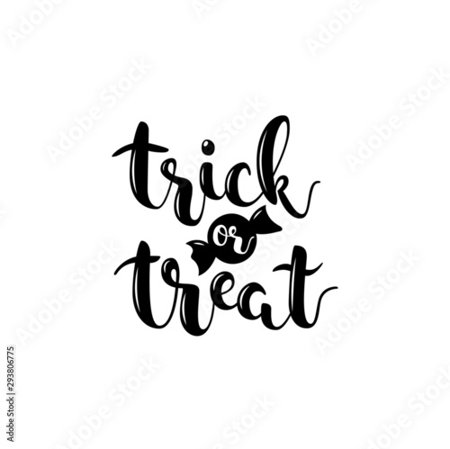 Trick or treat. Black script halloween lettering isolated on white background for banner, greeting card 
